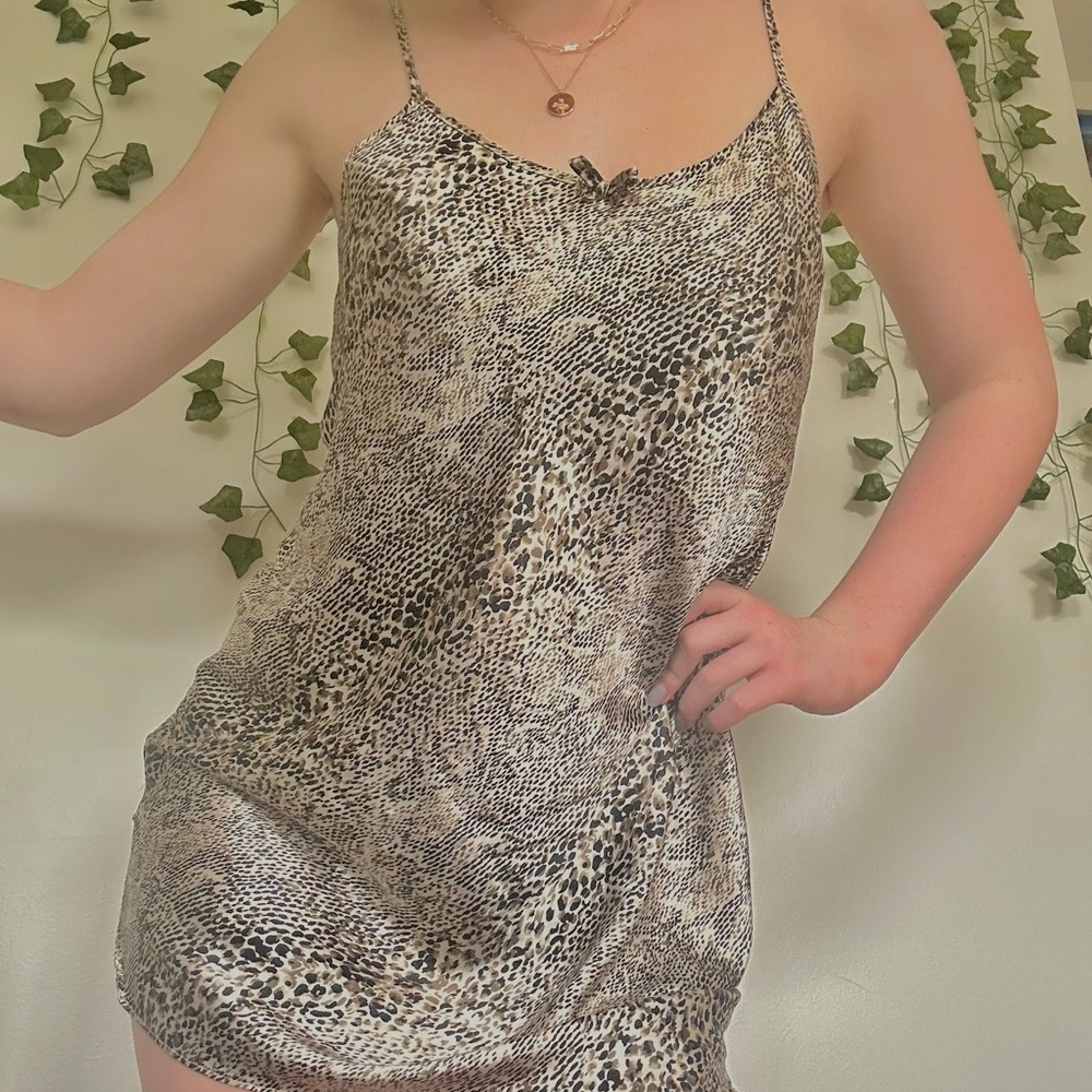 Vintage Y2K Gold & Black Classy Leopard Cheetah Print Silk Slip Dress